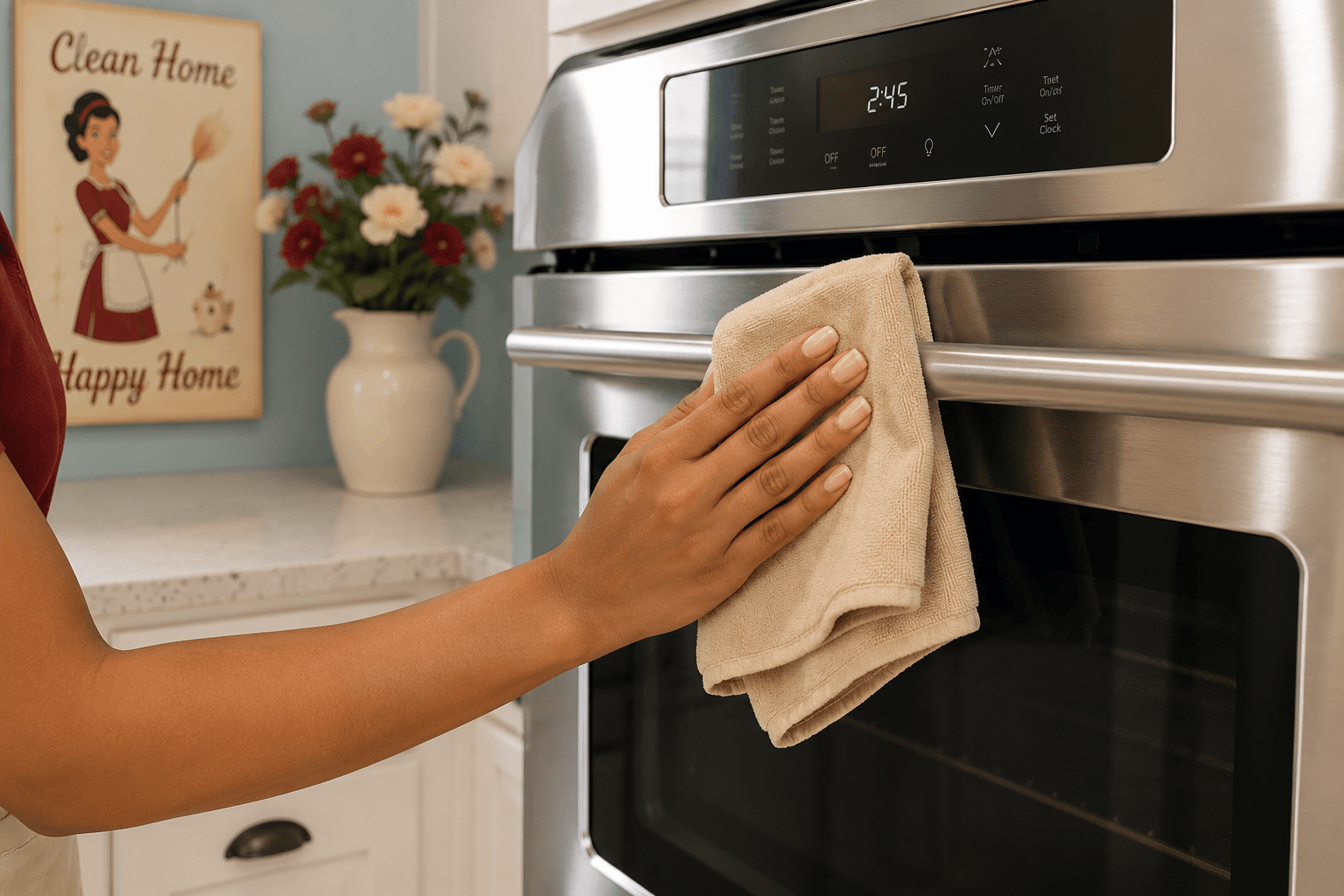 Wiping down kitchen appliances